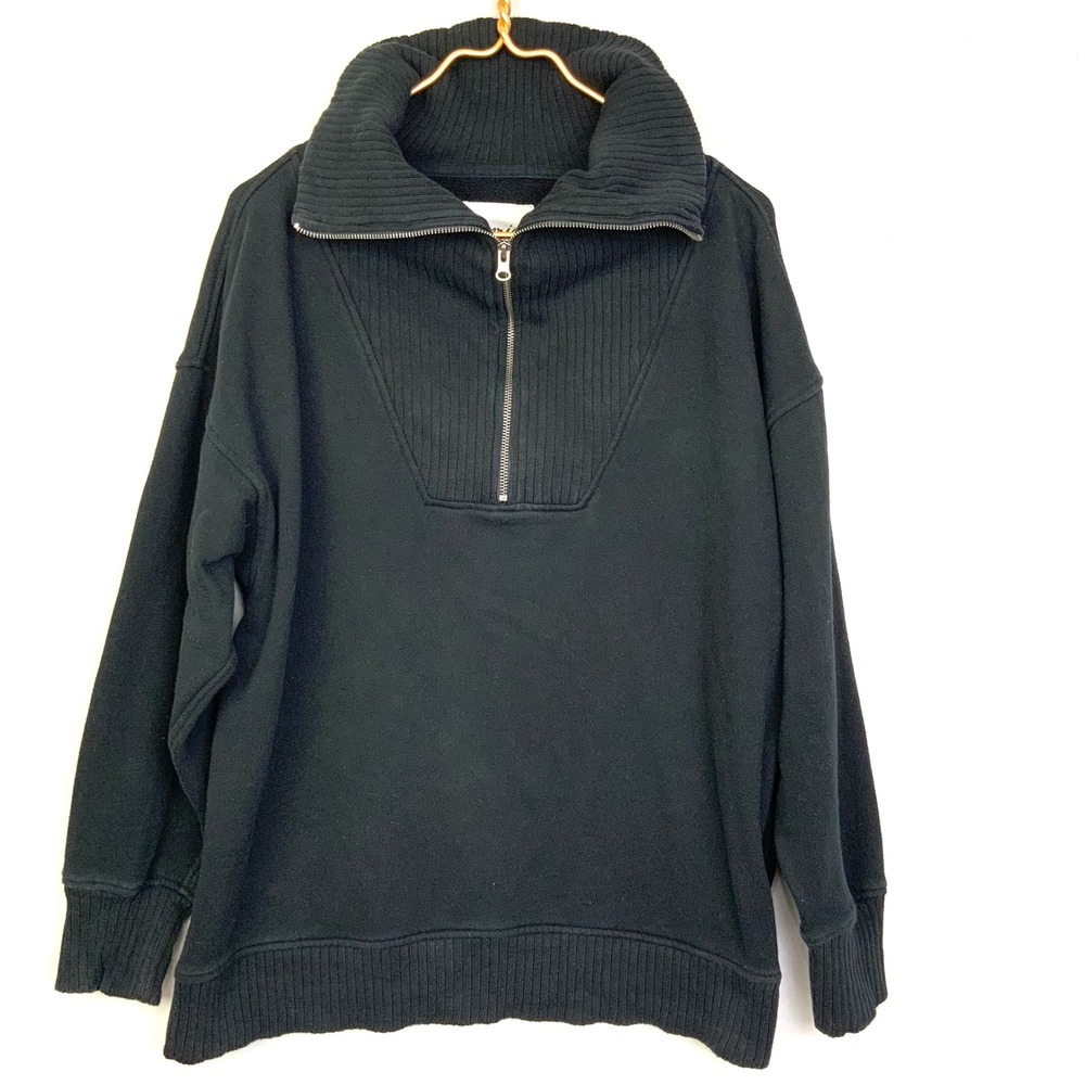 Aerie Sz Medium Black Down To Earth Oversized Quarter Zip High Collar Sweatshirt